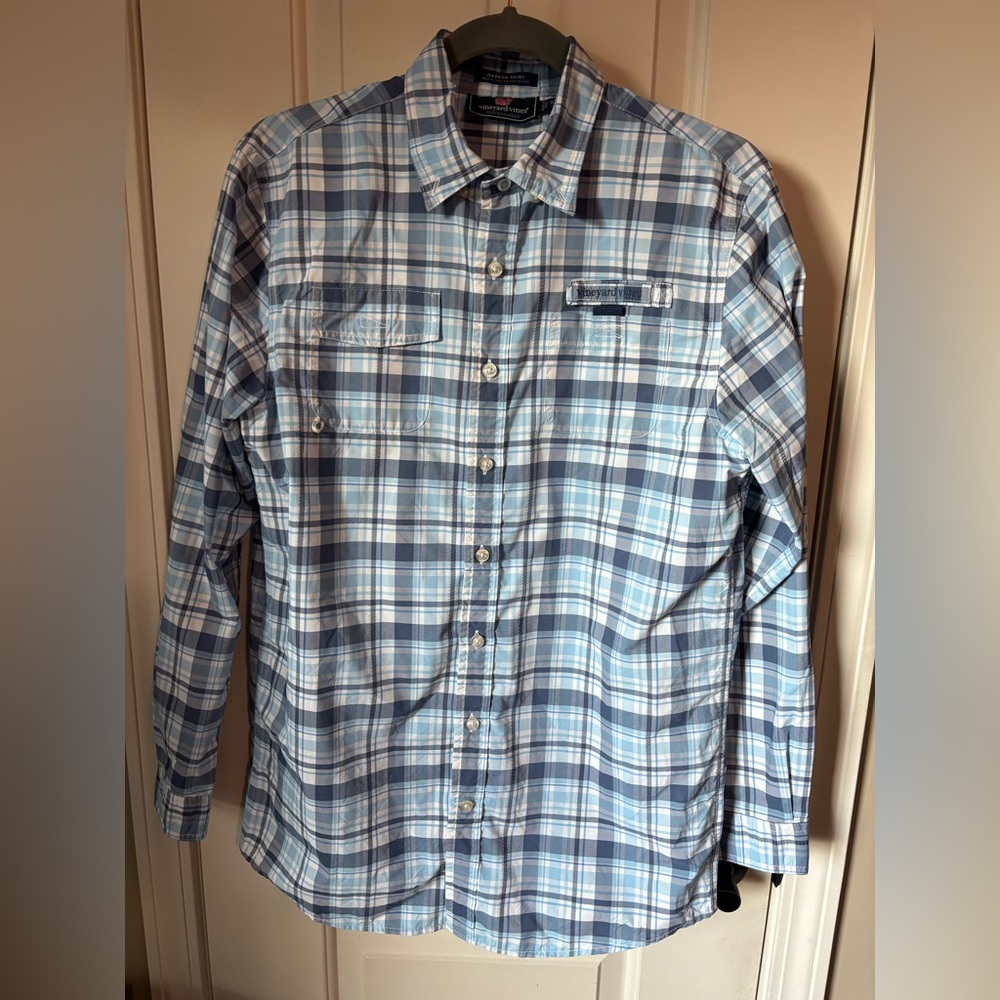 Boy’s Vineyard Vines Dress Shirt Button Down Blue White Check size XL (size 18)